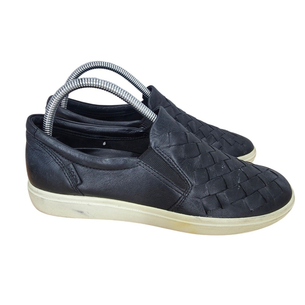 Ecco Soft 7 Sneakers Womens 8 Black Woven Leather Slip On Casual Comfort Shoes